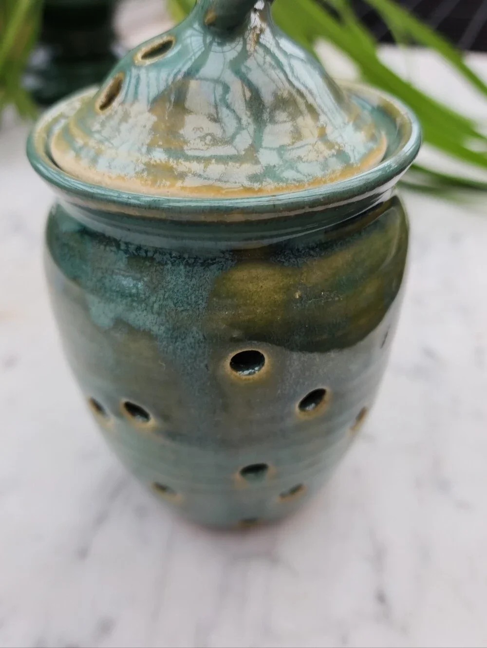 Holman Pottery Garlic Keeper Jar in Sea Pearl Green Ventilation Holes 6